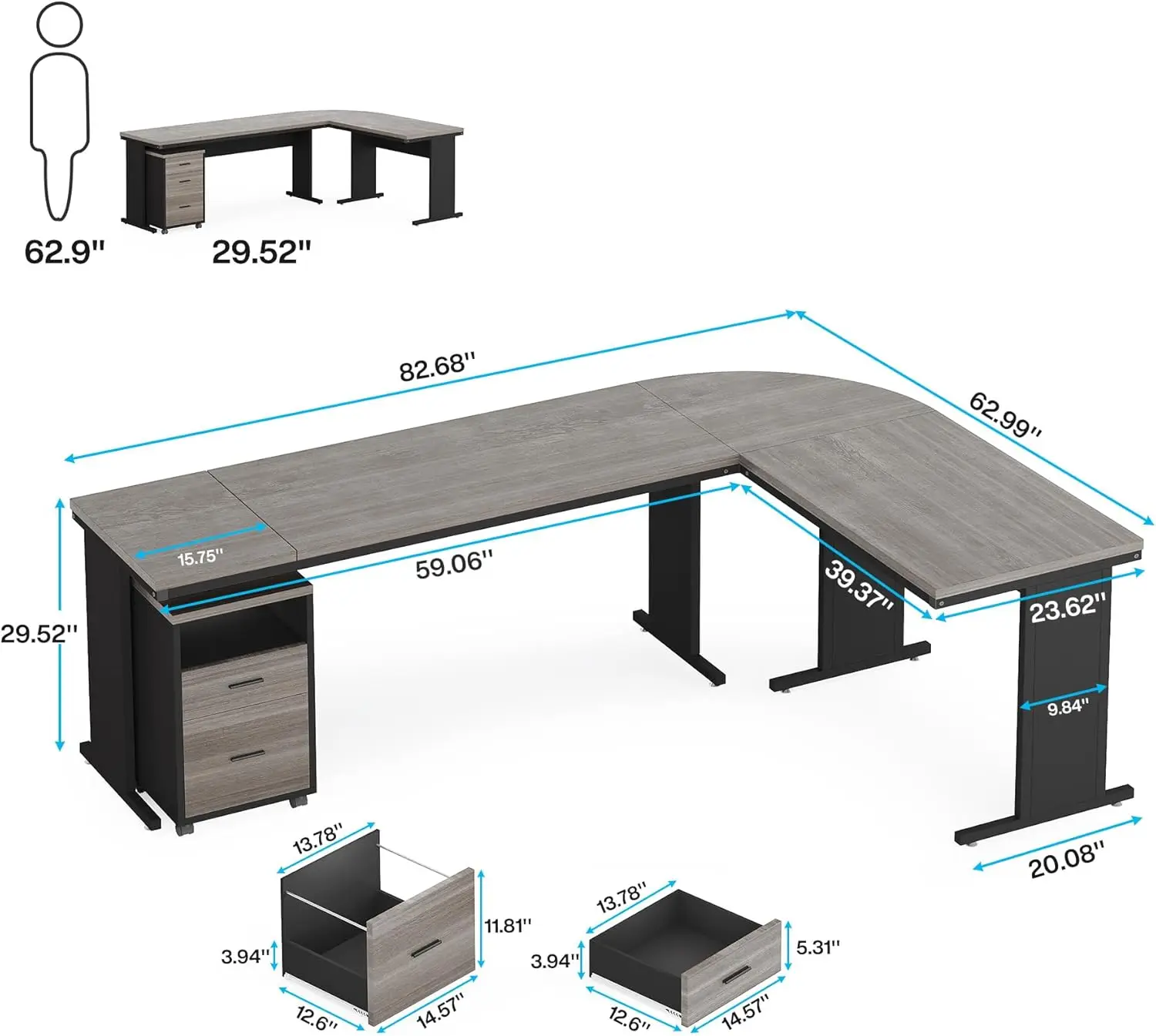 Tribesigns 83 Inch L-Shaped Desk with Drawers, Large Executive Office Desk with 3-Drawer File Cabinet,