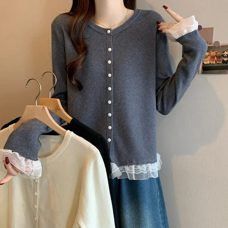 

Кружевной вязаный кардиган с круглым вырезом, новый осенний женский маленький ароматный стиль, элегантный универсальный свитер, верхняя одежда