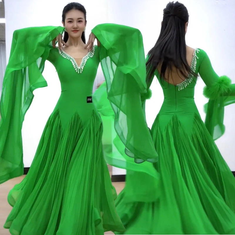 

Green Ballroom Dance Dress Adult Women Standard Dance Performance Costume Waltz Modern Dancing Stage Wear Long Dresses AMY3850