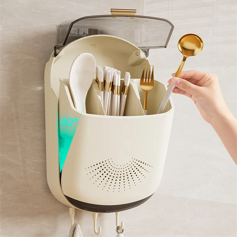 Boîte de Rangement Murale pour Couverts de Cuisine, Support avec Couvercle, Anti-Poussière, pour Cuillère et Baguettes