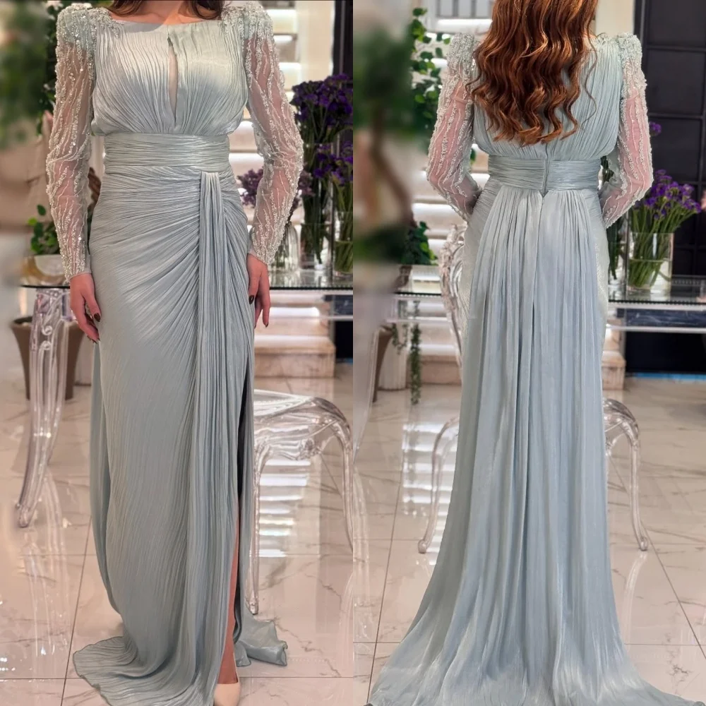 

Customized Glitter Elegant Long Sleeves Pleat Trumpet Long Dresses Women's Evening Dress Bespoke Occasion Wedding Party