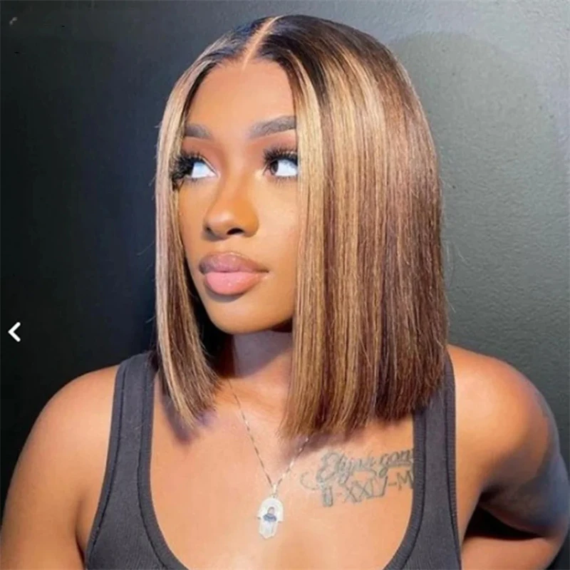 Perruque HD Lace Front Bob sans colle pour femme, Ombre, Honey Brown, Highlight, Short, Straight, Dark Roots, Blonde, 13x4, 03/Use