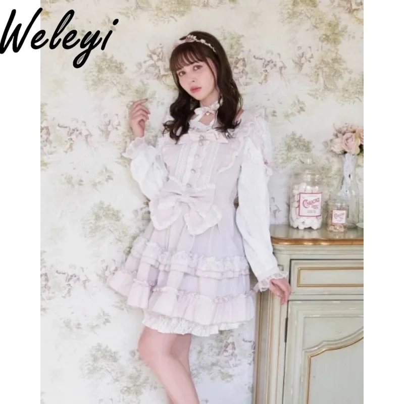 Kawaii Lolita Lace Off The Shoulder Dress Cute Ropa De Mujer Streetwear New Sukienki Bow Mass Produced Little Angel Cake Kleider