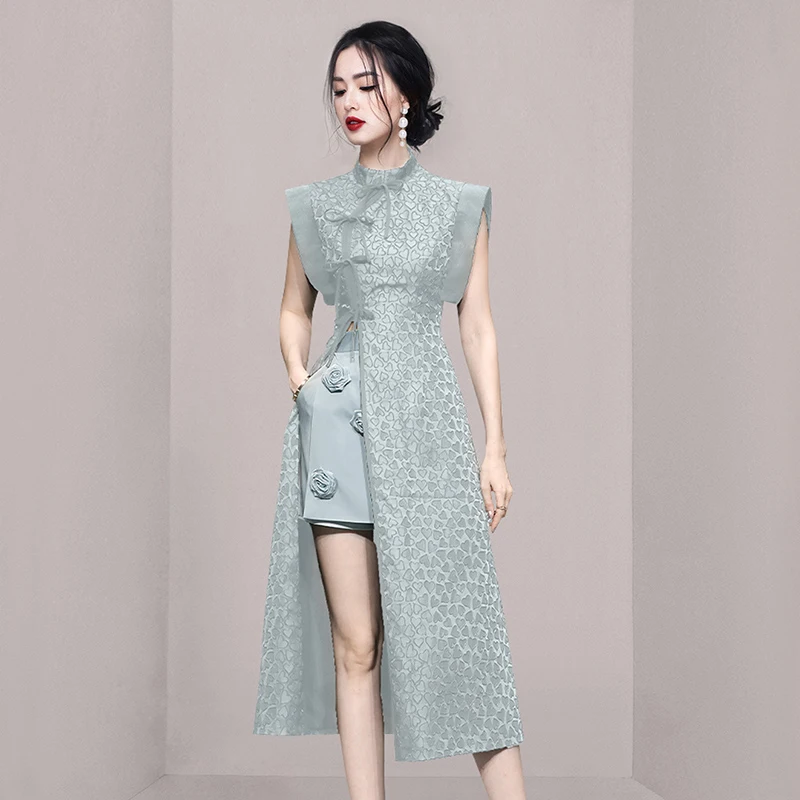 

TRAF Chinese style Elegant Cheongsam Summer New Office Lady Vintage Mandarin Collar Shirt + High Waist Shorts Two pieces Sets