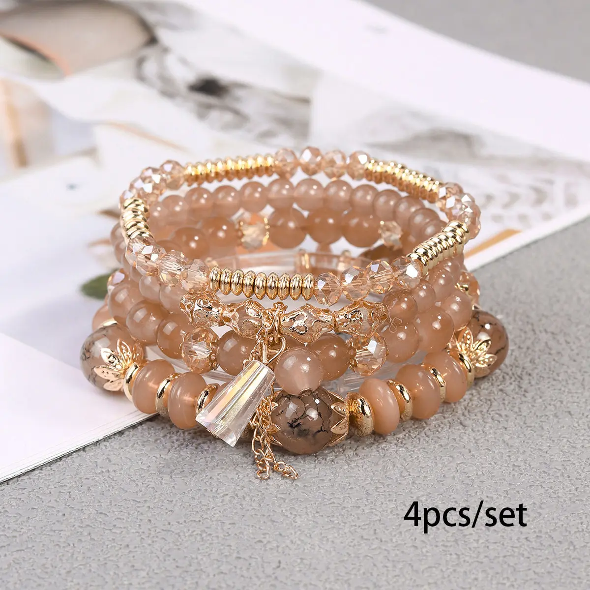 4-teiliges, mehrschichtiges, böhmisches, stapelbares Perlenarmband, imitierte Achatkette, Quaste, farbiges Glaskristall-Armband, Schmuck