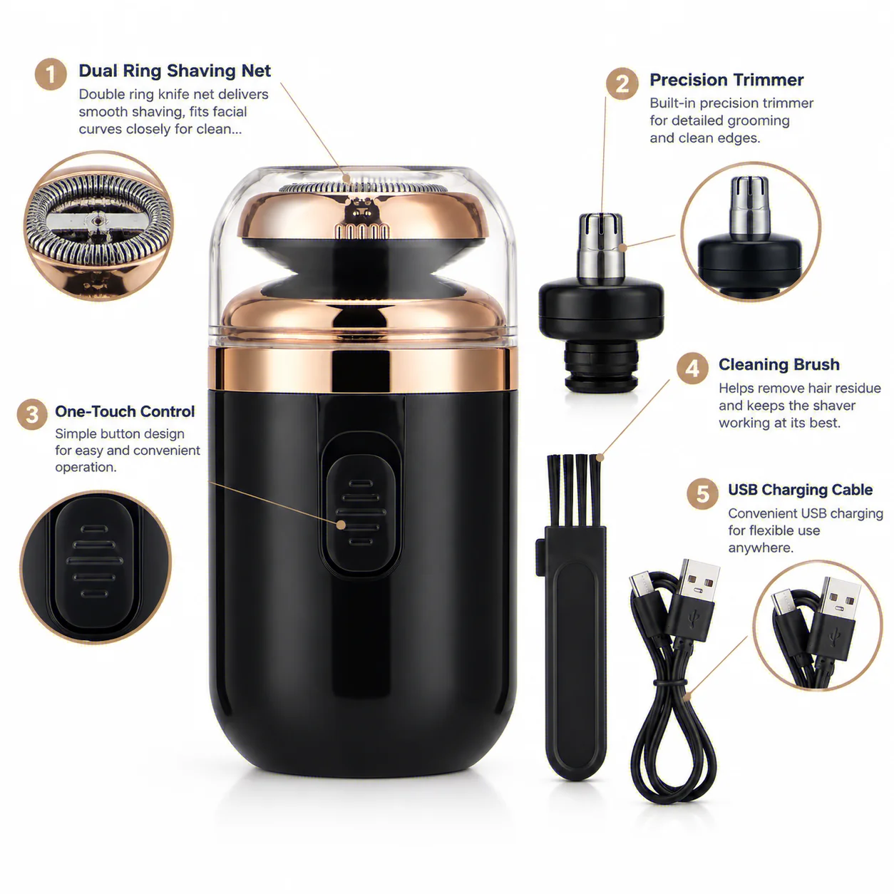 Mini Electric Razor Washable Travel Capsule Shaver with Type C Charging Nose Hair Trimmer Double Ring Knife Net Included