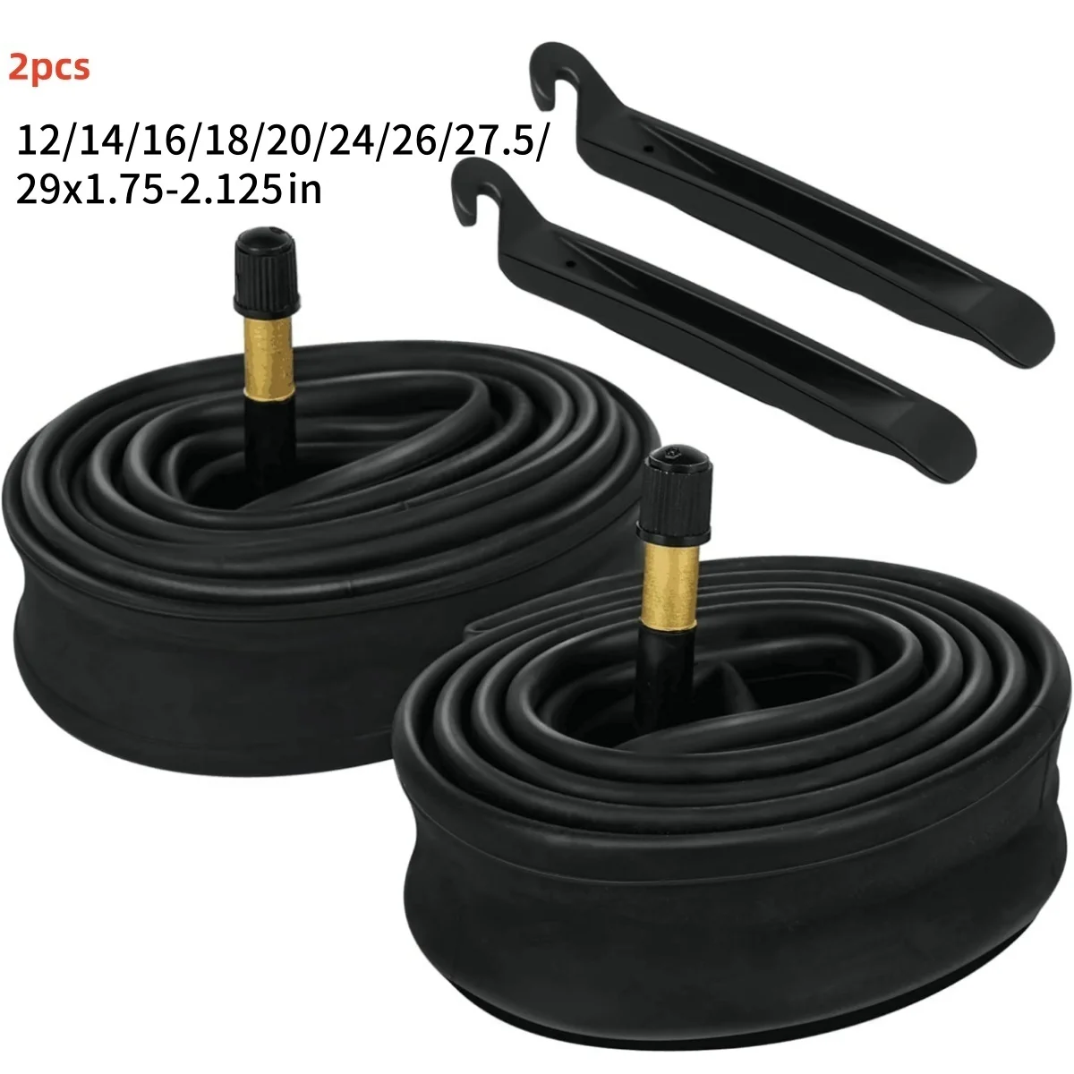 2 Stück 12/14/16/18/20/24/26/27,5/29 x 1,75–2,125 Zoll Fahrradschläuche Butylkautschuk, 32 mm Schraderventil, inklusive 2 Reifenhebel