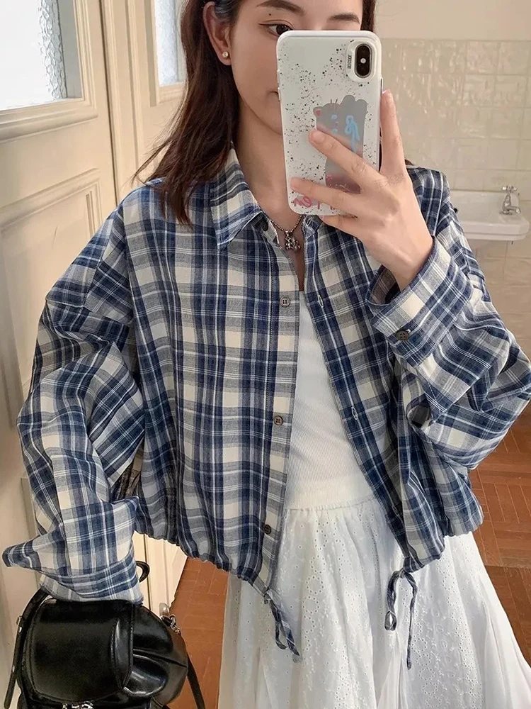 Loose Plaid Shirt Coat Women Fall Vintage Preppy Style Long Sleeve Blouse Casual Oversize Single Breasted Lady Sweet Retro Tops