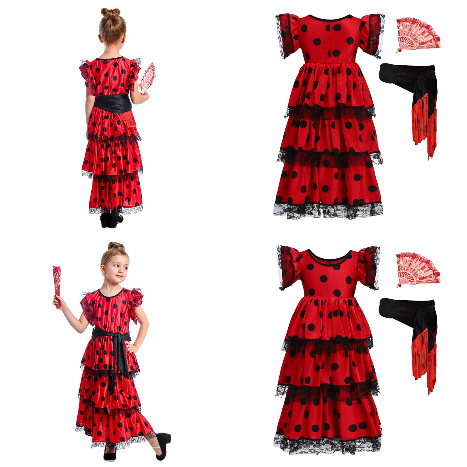 Vestido de baile Flamenco español para niñas, vestido de Cosplay de Halloween para niños con mangas voladoras, falda en capas de lunares y conjuntos de cinturones