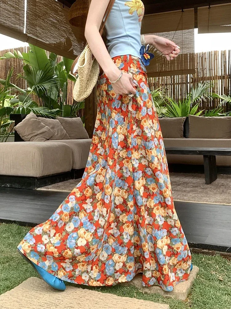 Vintage Boho Floral Long Skirt Women Elegant High Waist Loose A Line Skirts Summer Beach Female Sweet Retro Long Skirts New