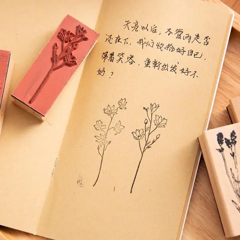 Wooden Flower Grass Series Stamp Creative Rubber Plant Element Seals Notebook Greeting Card DIY Decor Tools Stationery Gifts