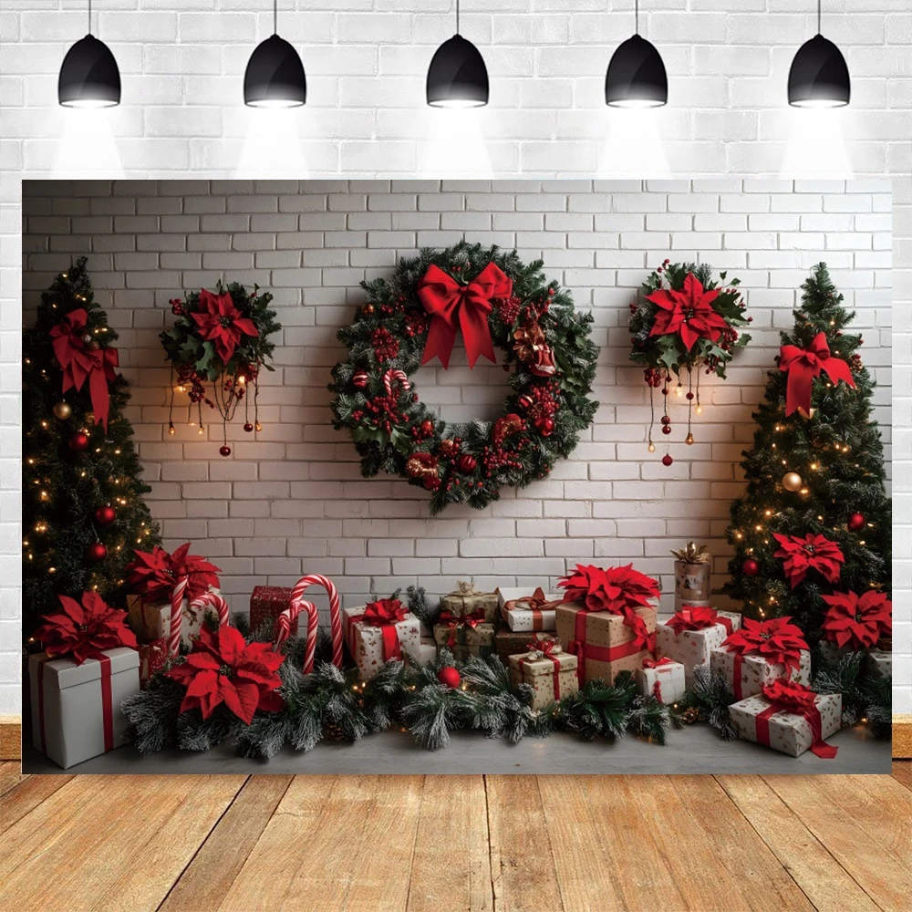 Winter Christmas Backdrop White Brick Wall Xmas Tree Wreath Gift Christmas Home Decoration Family Party Photography Background