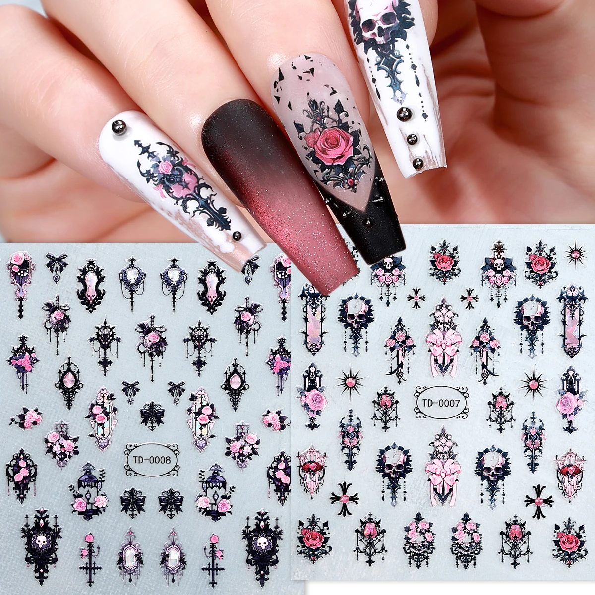 

2pcs Black Pink Gothic Halloween Nail Art Stickers 3D Skull Rose Flowers Adhesive Nail Decals for Nail Decor Manicure Sliders