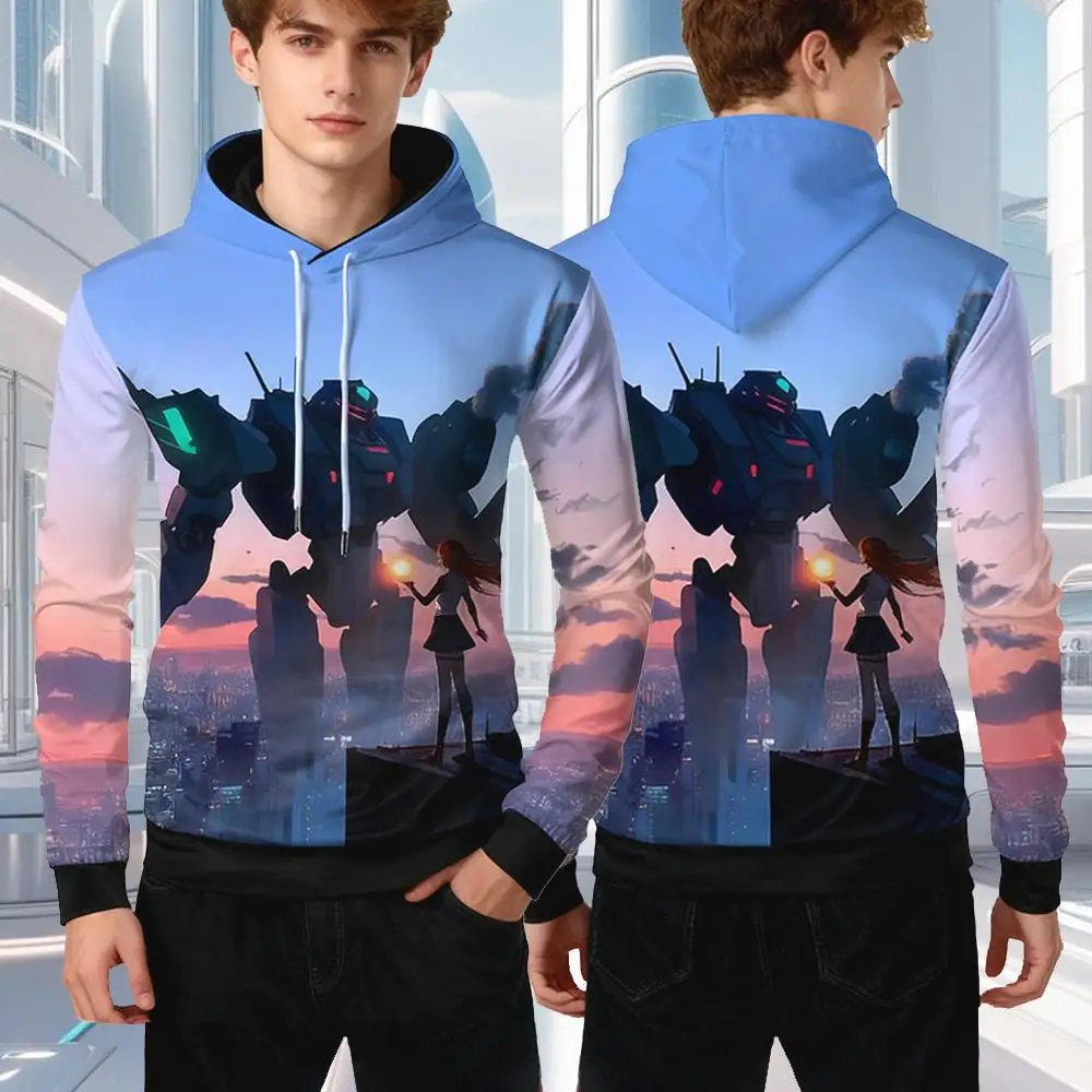 

Japanese Anime Style Mecha And Girl Printed Hoodie Science Fiction Theme Pattern Streetwear Unisex Basic Long Sleeve Sweatshirt
