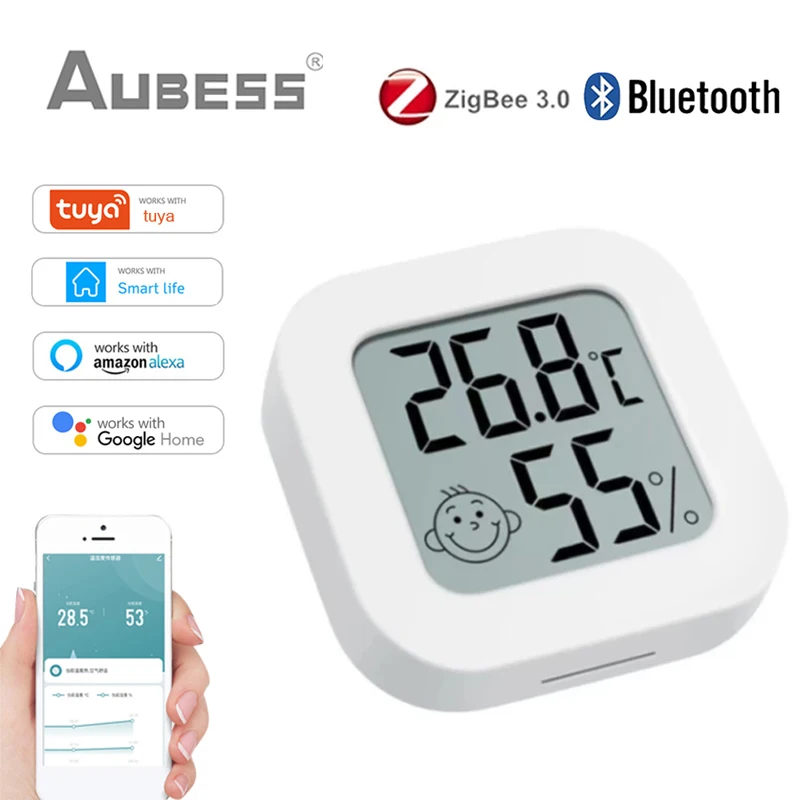 AUBESS Tuya ZigBee 스마트 온도 습도 센서 LCD 디스플레이 실내 온도계 모니터링 Alexa Google Home Smartlife