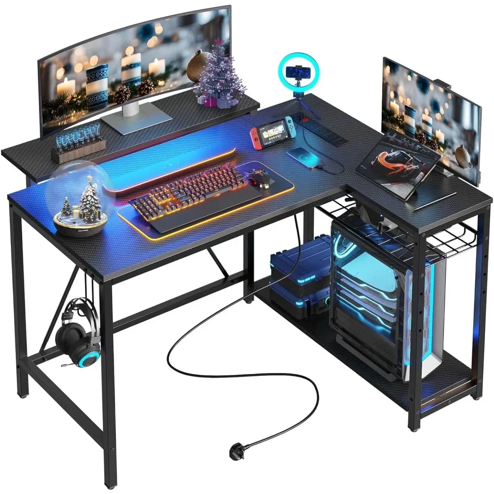 

42 L Shaped LED Computer Desk with Stand Reversible Shelves,Corner Gamer Desk with Headset Hooks USB Charging Port,Fiber Black