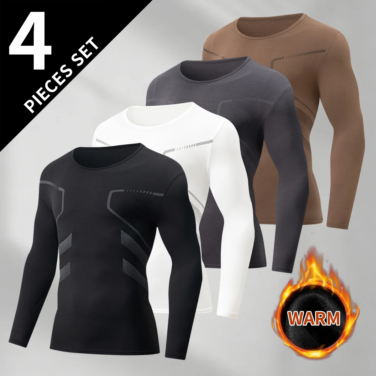 4Piece Men's Warm Top For Autumn And Winter Multi Colored Comfortable Plus Size Long Sleeved T-Shirt Sports Basic Autumn Clothes