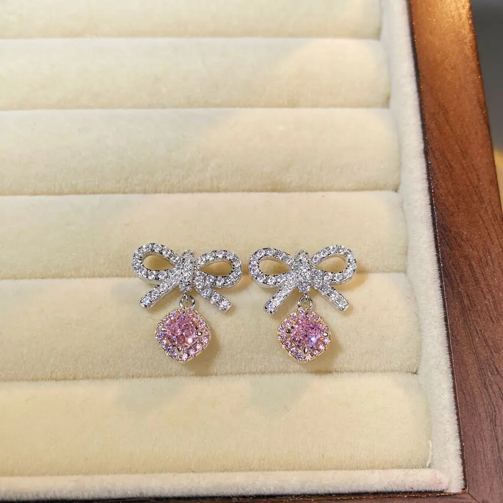 

925 sterling silver bow stud earrings female pink diamond cute ins wind small fresh sweet style earrings