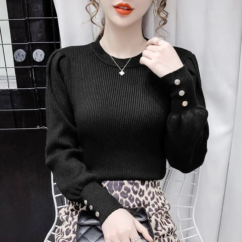 Women Autumn Winter New O-Neck Pullover Sweater Commuter Simple Button Knitted Shirt Women\'s Slim Fit Versatile Long Sleeve Tops