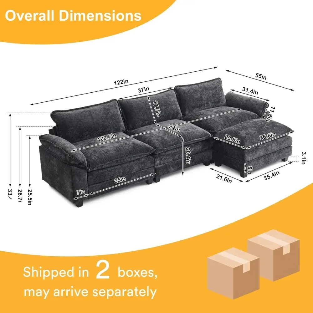 Modern L-Shaped 3-Seat Sectional Sofa with Ottoman, Chenille Upholstery for Living Room image 2