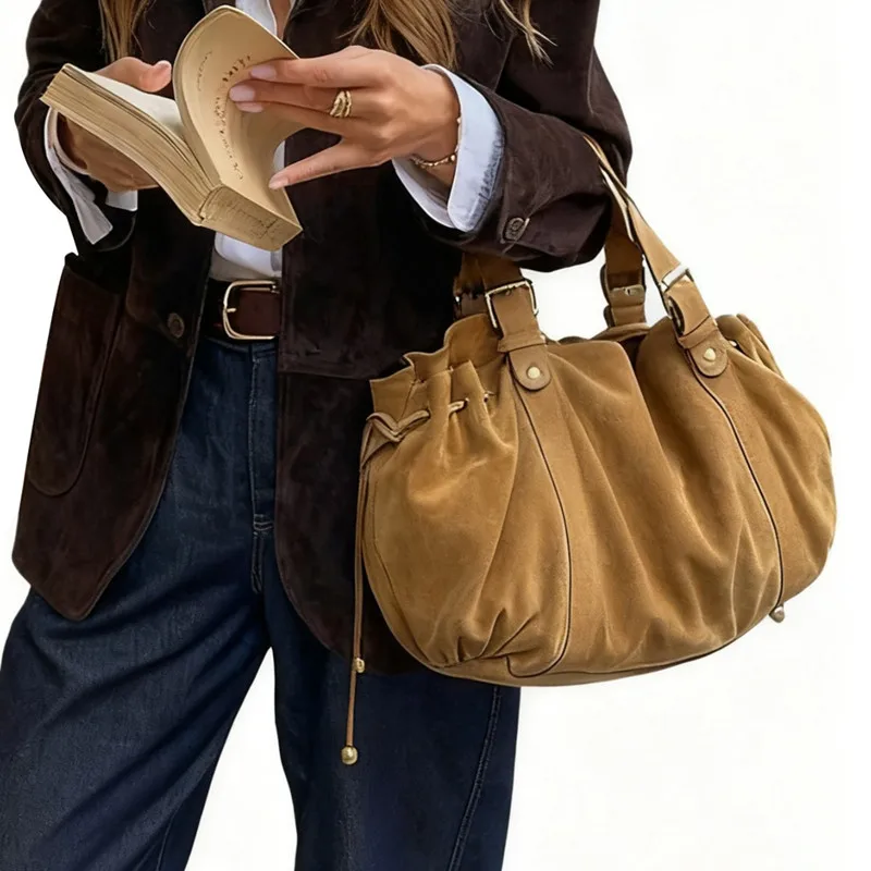 

2025 New Fashion Design Large Capacity Ruched Tote Bag Brand Luxury Drawstring Handbags Leather Pleated Commuting Underarm Bag