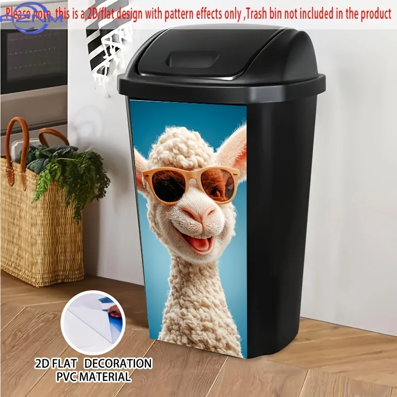 1pc 2D/FLAT Self-Adhesive Dustbin Sticker, , Stylish Alpaca with Fashion Glasses Design, Perfect for Trash Bins, Walls & Kitch