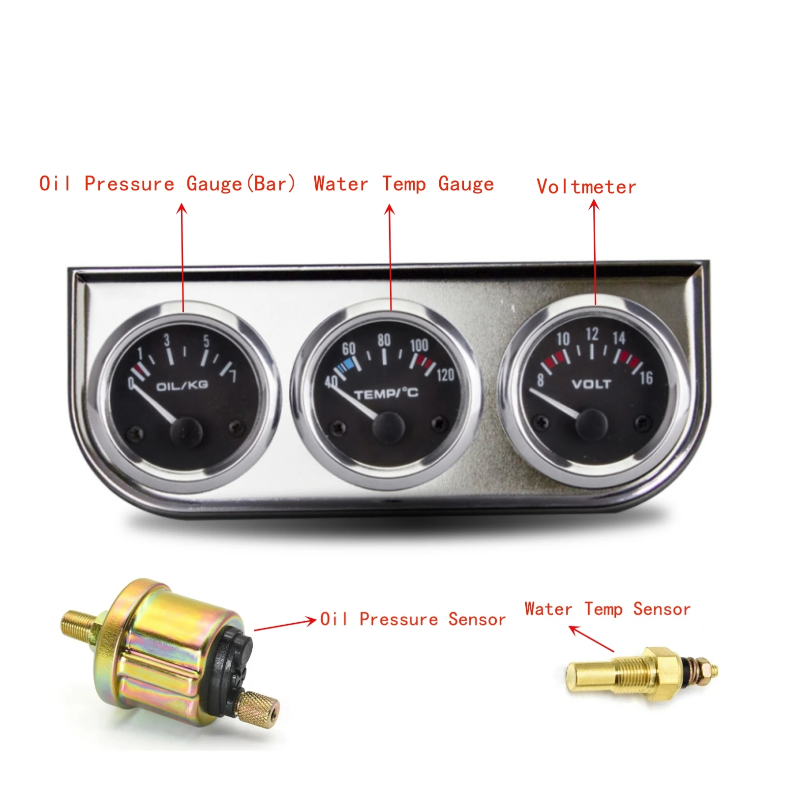 52mm 3 In 1 Oil Pressure Gauge + Voltmeter + Water Temp Gauge Kit with Sensor Oil Temp Gauge Voltmeter Oil Press Triple Meter