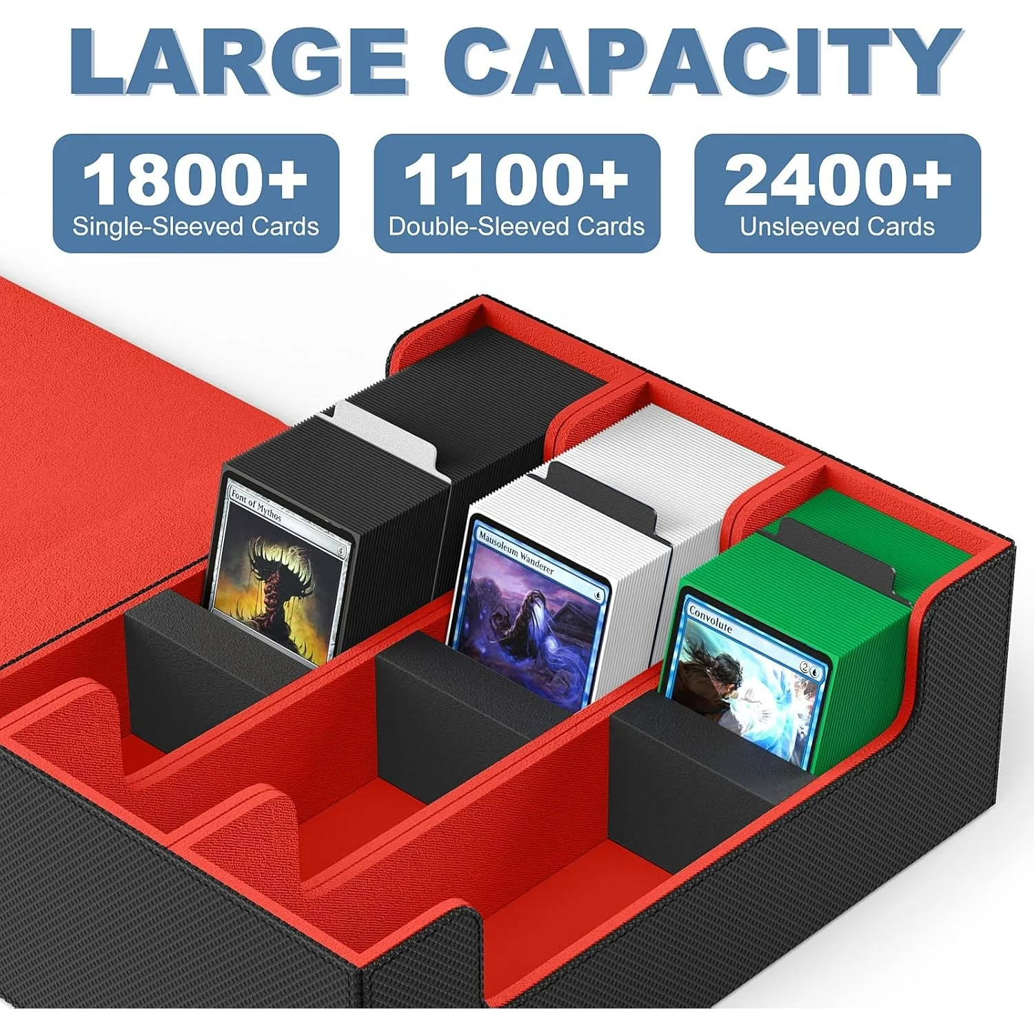 Card Deck Case, 1800+ Trading Card Storage Box with 10 Dividers and 3 Foam Stoppers, Leather Magnetic Closure Commander