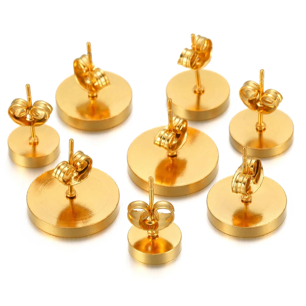 20Pcs/Lot Gold Stainless Steel Blank Post Earring Studs Base Pins with Earrings Plug Findings Ear Back for DIY Jewelry Making