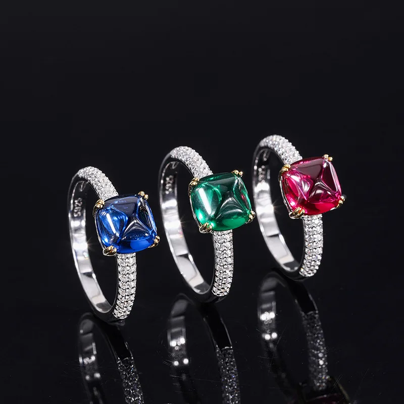 

Jewelry S925 Silver Imitation Emerald Blue Gemstone Sugar Tower Full Inlay Ring Main Stone 8*8