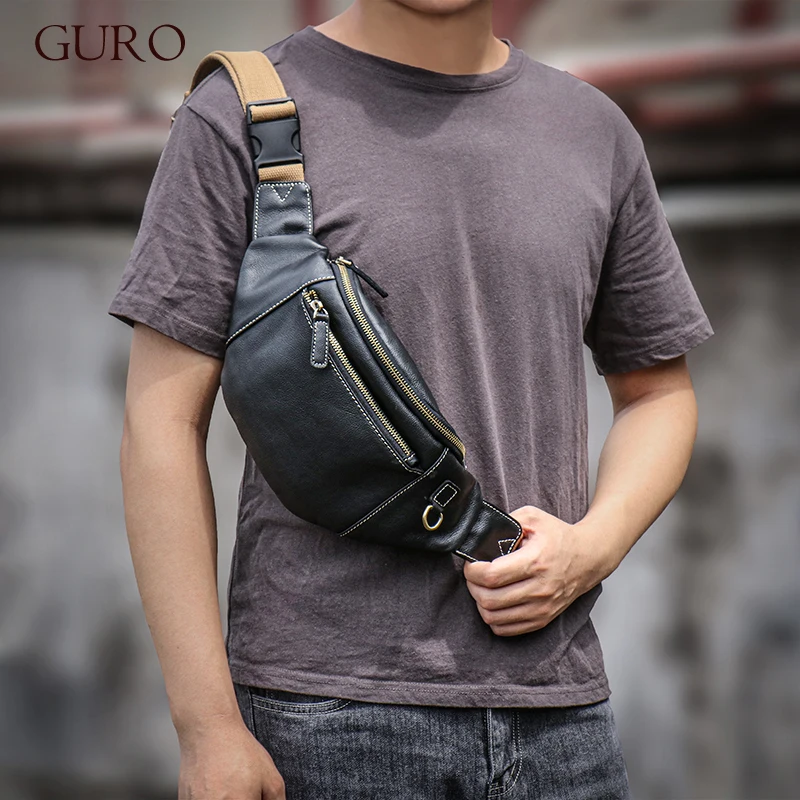 GURO Men\'s Real Leather Chest Bag High Quality Deluxe Waist Bag Outdoor Sports Sling Bag multifunctional Satchel Daily Crossbody