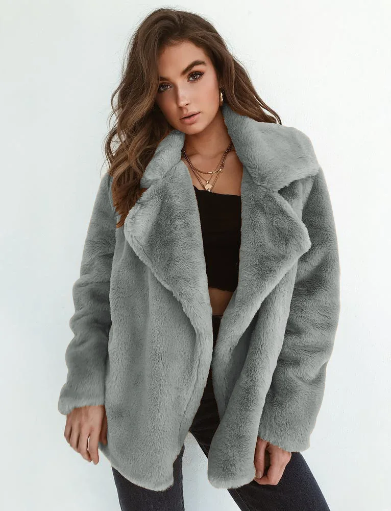 

2023 Winter New Women Faux Fur Elegant Brown Shaggy Coats Warm Plush Coat Streetwear Female White Furry Fluffy Jacket