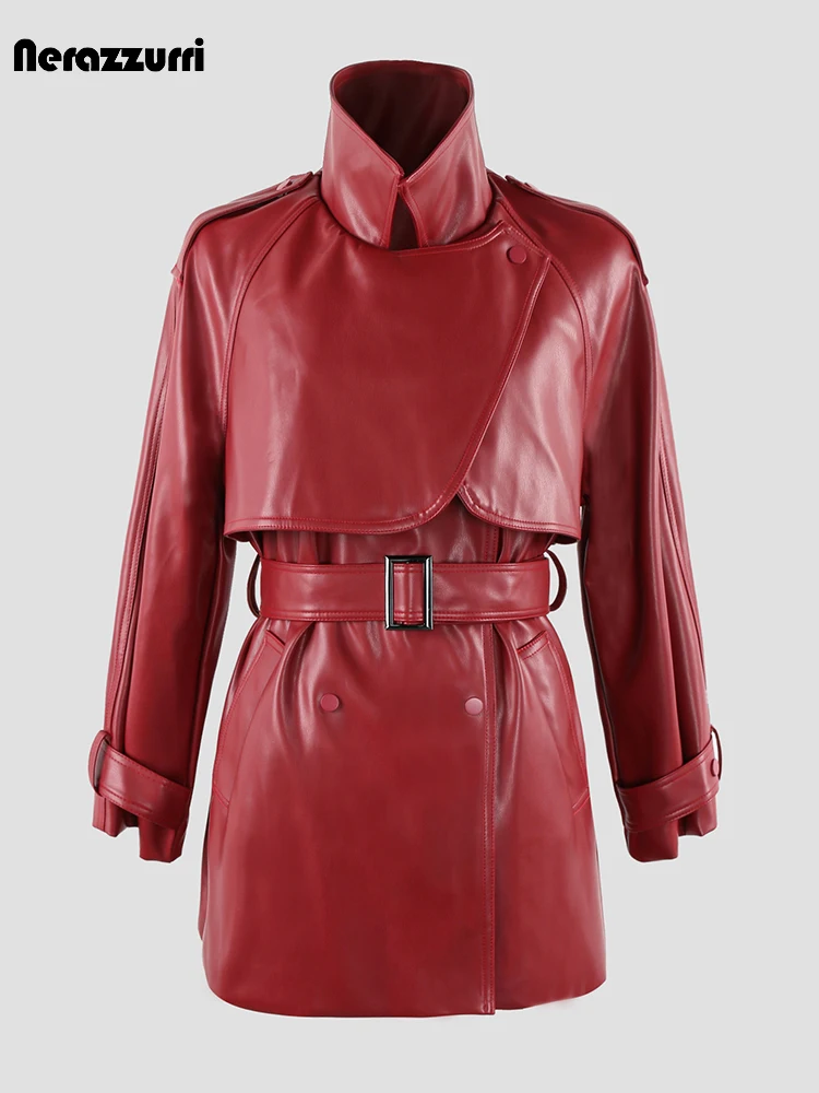 Nerazzurri Spring Autumn Luxury Elegant Chic Soft Wine Red Faux Leather Trench Coat for Women Belt High Quality Clothing 2023