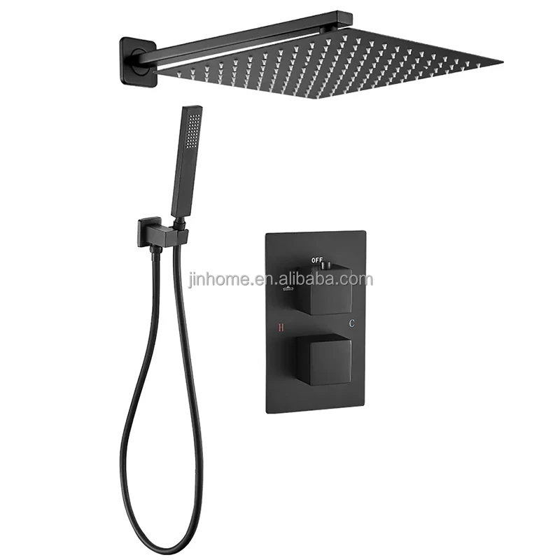 Thermostatic Rainfall Shower System with Square Rain Shower and Handheld Matte Black Bathroom Shower Combo Set