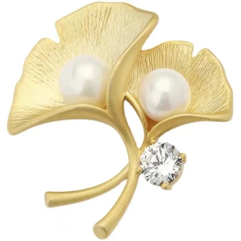 Elegant Gold Color Ginkgo Leaf Brooches for Women Clothes Wedding Party Metal Rhinestone Pearl Plant Brooch Pin Fashion Jewelry