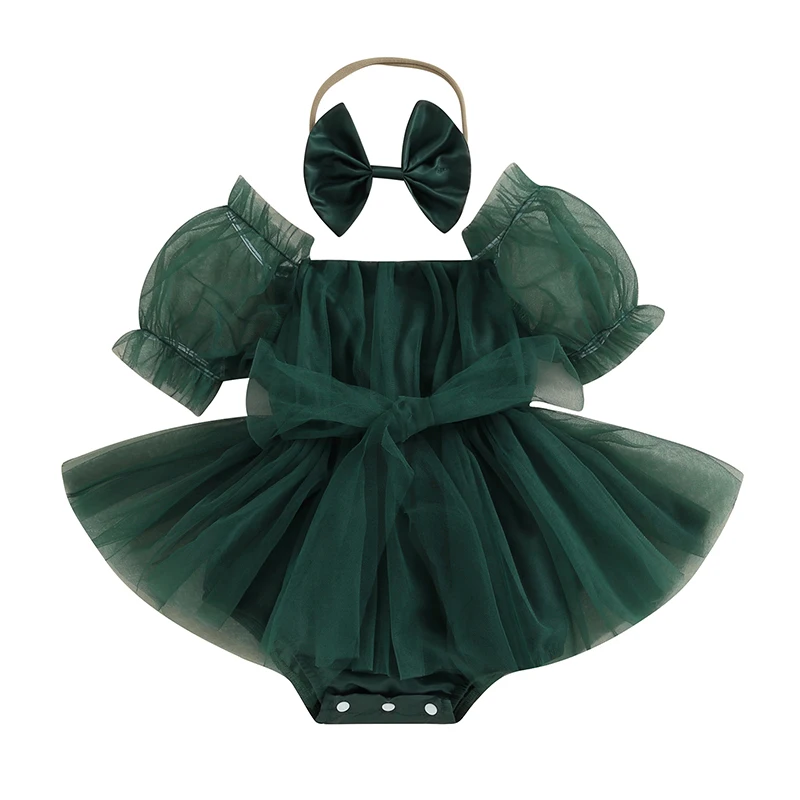 

Infant Baby Girl Romper Dress Puff Sleeve Bow Belt Tulle Princess A-Line Dress Headband 2PCS Set