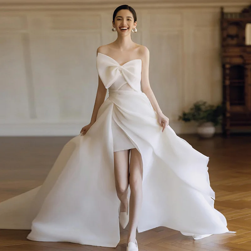 

Light wedding dress bow tie strapless dreamy A-line dress engagement banquet dress welcome and departure veil Customized