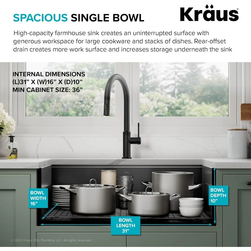 KRAUS Kore Workstation 33-inch Farmhouse Apron Front 16 Gauge Black Stainless Steel Single Bowl Kitchen Sink