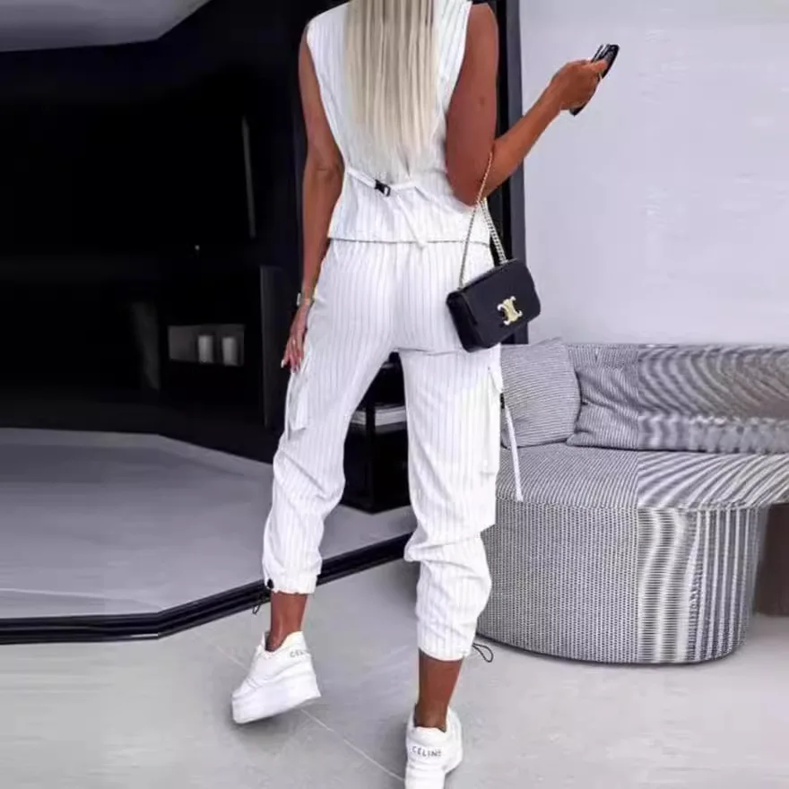 Elegante Pants 2 Piece Sets 2024 Spring New Solid Striped Button Up Sleeveless Vest Coats Pocket Cropped Pants Suits Streetwear