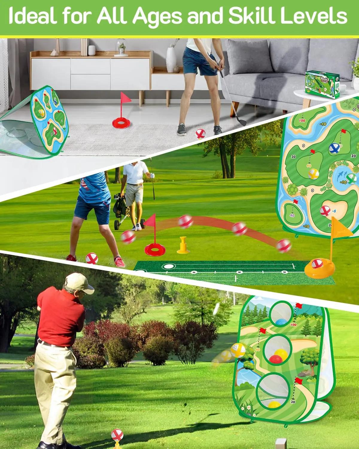 4 In 1 Kids Golf Games Set Golf Putting Practice Mat 3-Sided Golf Chipping Net with Club Kid Adults Multiple Modes Golf Practice