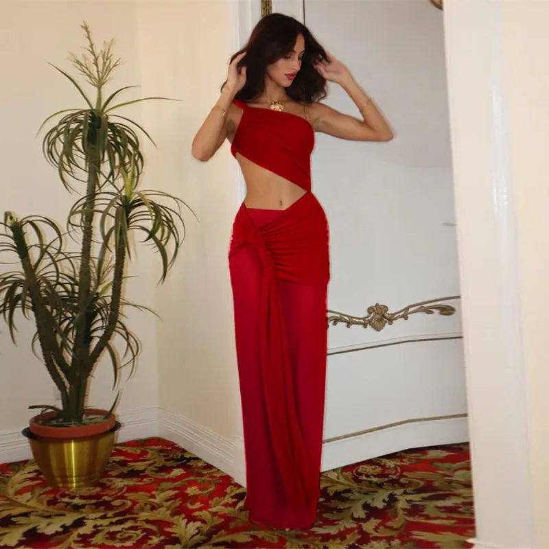 อารมณ์เซ็กซี่ SLIM FIT สัมผัสสะดือสายคล้องไหล่เดี่ยวปิดไหล่ตาข่ายดูผ่าน Twisted Pleat ริบบิ้นผู้หญิงชุด