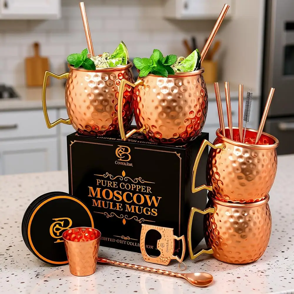 

Набор уникальных медных кружек ручной работы, 4 штуки, 100% цельномедные чашки 16 унций для воды и коктейлей, в комплекте 19 аксессуаров