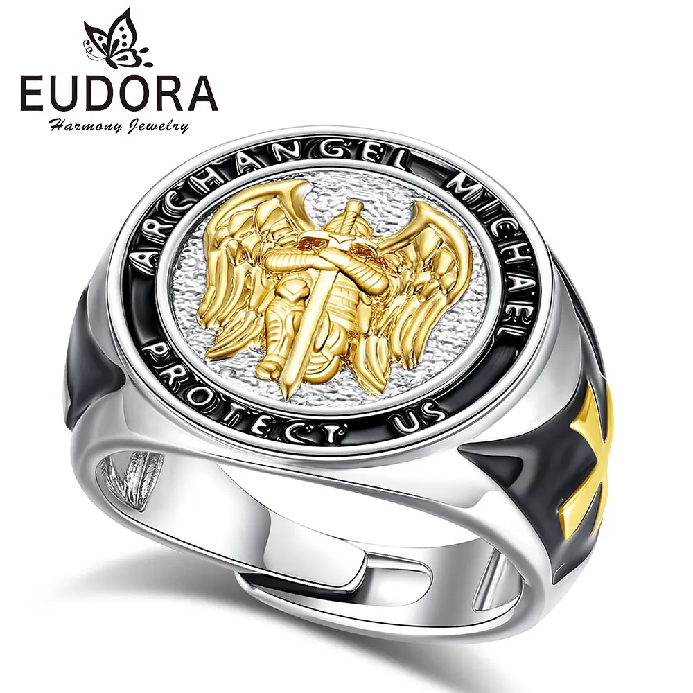 Eudora Copper Saint Michael Archangel Adjustable Ring Religious Amulet Medal Cross Ring Christian Jewelry Gift for Men Woman