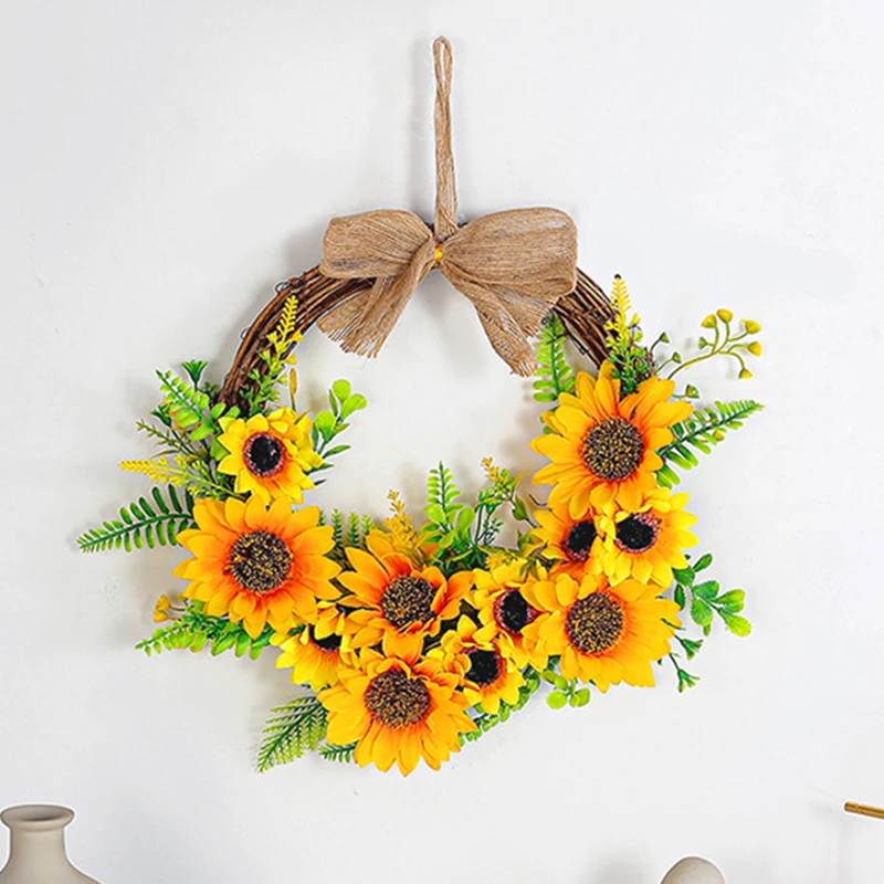 Artificial Sunflowers Wreath Door Hanging Flower Wreath With Yellow Sunflower And Green Leaves for Wall Window Home Party Decor