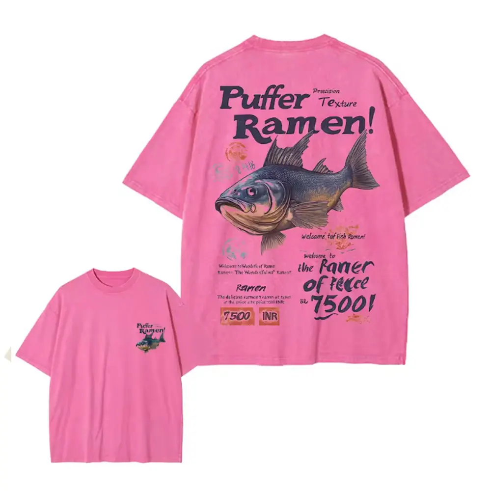 Summer Fashion Tee Clothes Oversize T Shirt Casual Cotton Hip Hop Puffer Fish Ramen Japanese Menu Poster Tshirt Men
