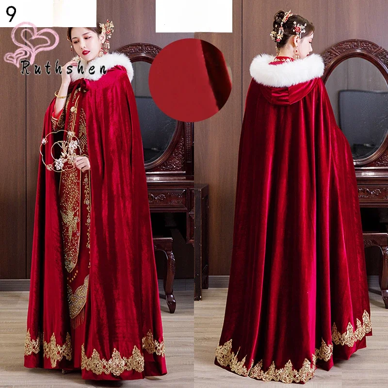 Customized Faux Fur Edge Wedding Cloak Hooded Burgundy Long Cape Lace Trimmed Velour Women Accessories Women's Shawl Shrug