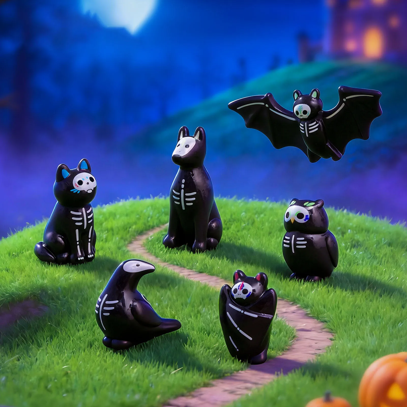 Halloween Resin Mini Skeleton Animal Figurines, Black Cat Owl Crow Bat Ornaments, DIY Jewelry Making Charms, Fairy Garden Micro
