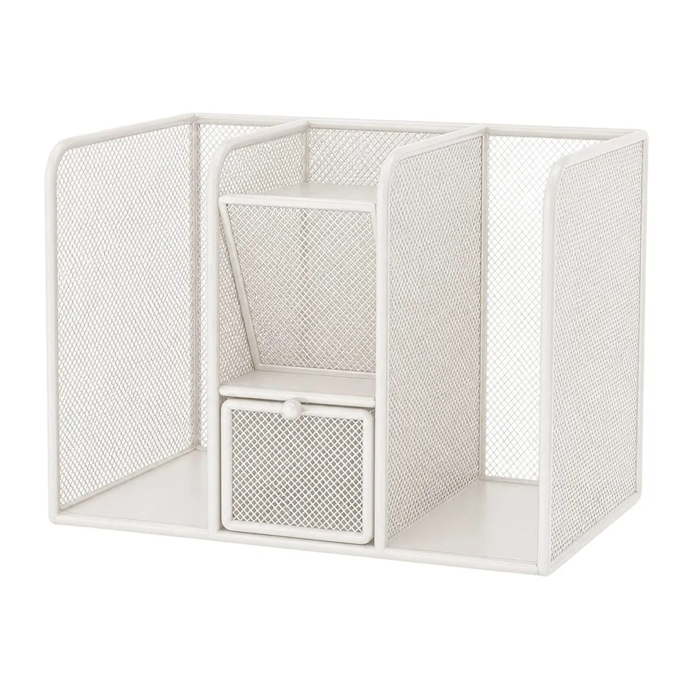 Metal Desk Book Rack Multi-Compartment Pull-Out Drawers Book Storage Rack Mesh Structure with Pen Holder and Pull-Out Drawers