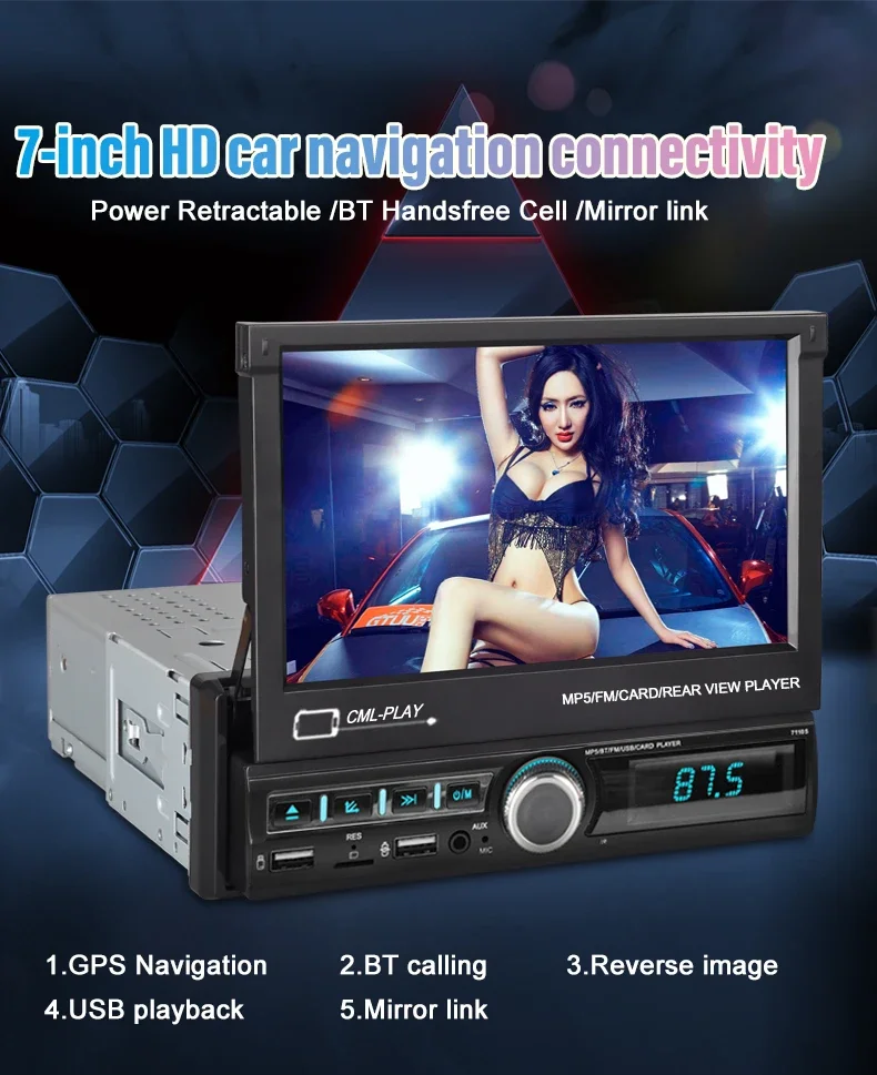 7110S 7inch retractable screen 1din car radio mp5 player carplay android auto mirror link car