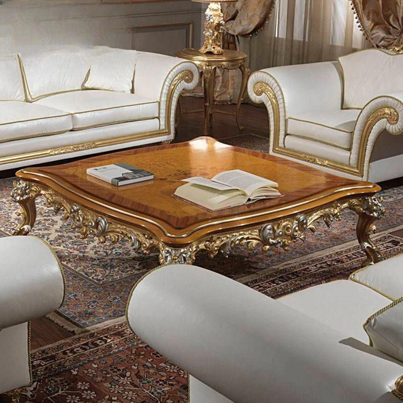 Neoclassical European villa living room coffee table furniture birch carved veneer parquet tea table square coffee table